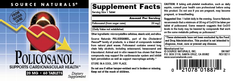 Source Naturals Policosanol 20 mg 60 tablettes avec verre d'eau