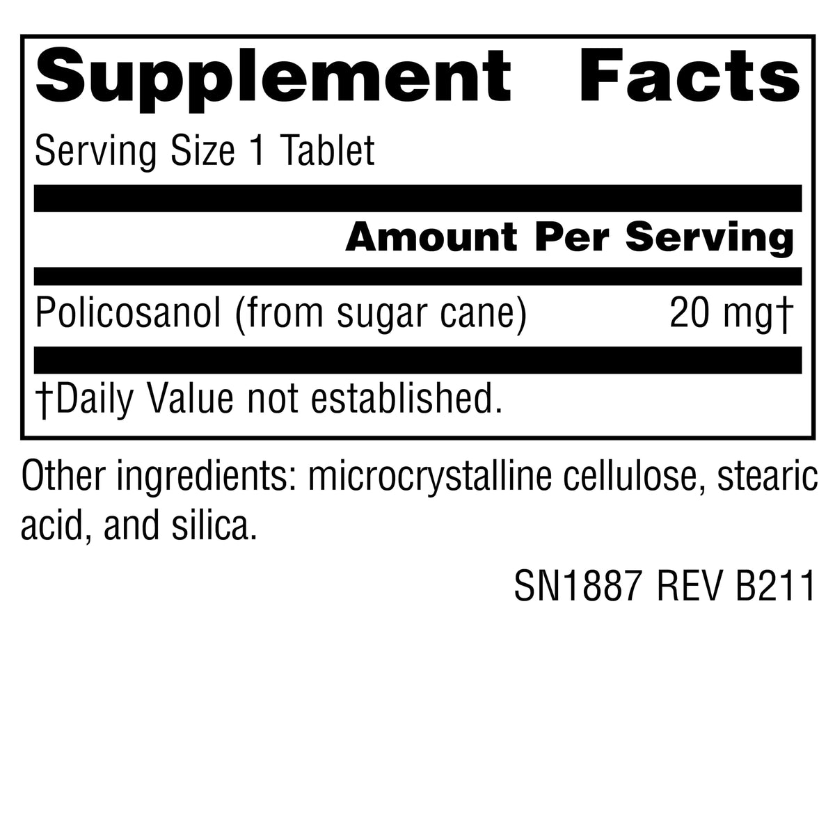 Source Naturals Policosanol 20 mg informations nutritionnelles