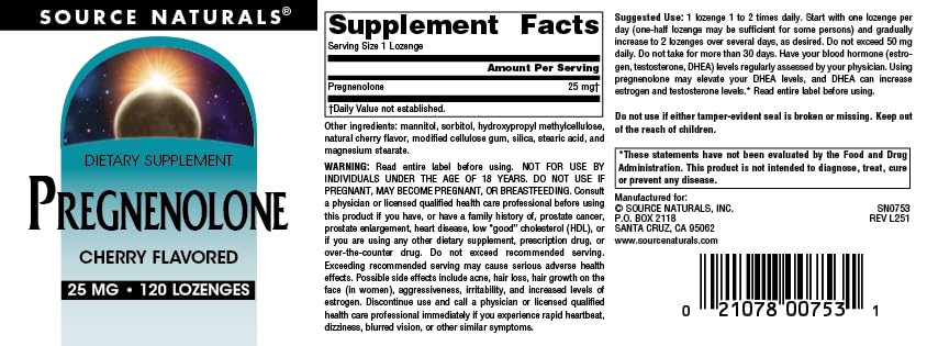 Source Naturals Pregnenolone 25mg 120 comprimés cerise dosage recommandé