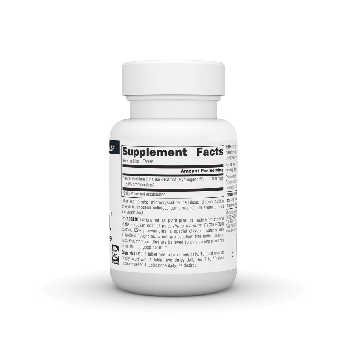 Source Naturals Pycnogenol comprimés sur une surface blanche