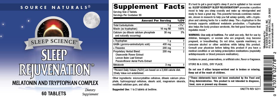 Source Naturals Rejuvenation Sommeil boîte et comprimés sur une table
