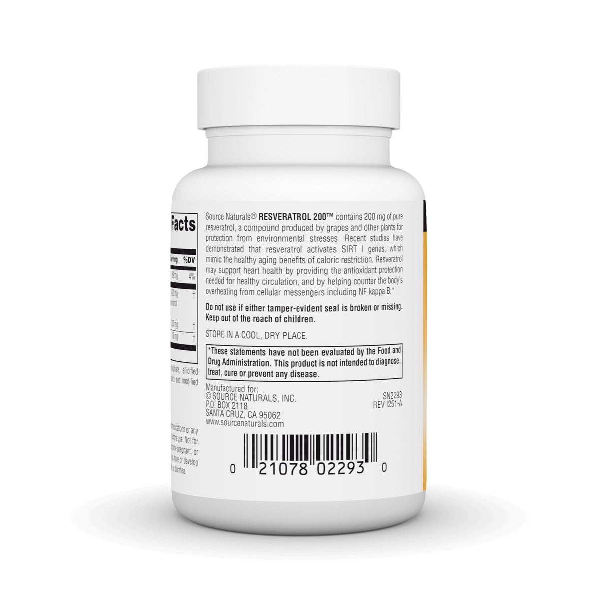 Source Naturals Resvératrol étiquette avec informations nutritionnelles