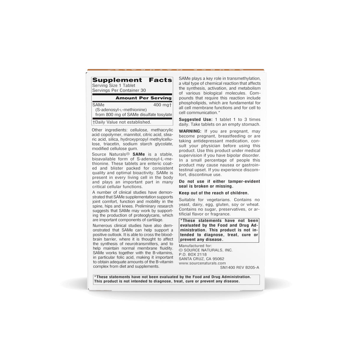 Source Naturals SAMe 400mg emballage blister