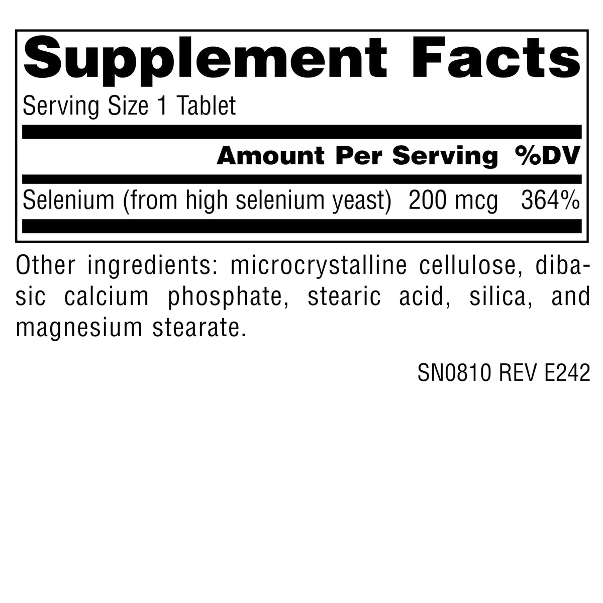 Source Naturals Sélénium 200 mcg comprimés avec des ingrédients sur fond blanc