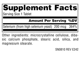 Source Naturals Sélénium 200 mcg comprimés avec des ingrédients sur fond blanc