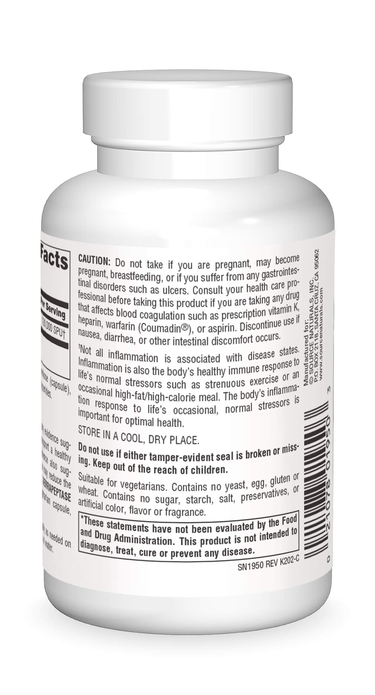 Source Naturals Serrapeptase boîte avec indication des ingrédients