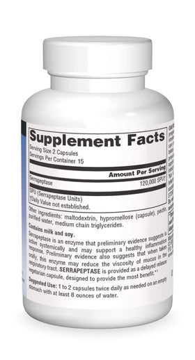 Source Naturals Serrapeptase capsules végétariennes sur fond blanc