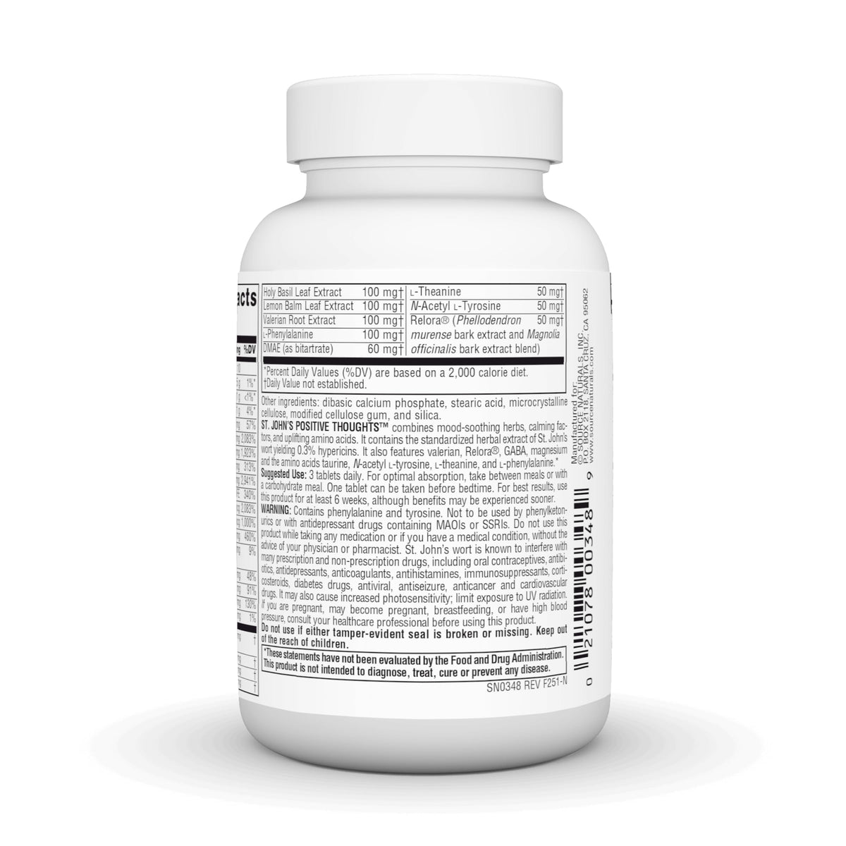 Source Naturals St. John's Positive Thoughts 45 comprimés, arrière de la boîte