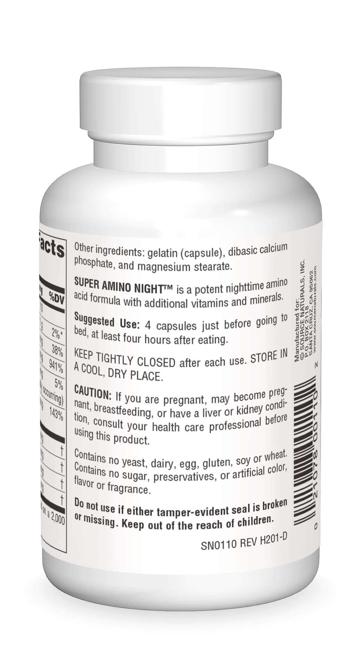 Source Naturals Super Amino Night 60 capsules vue arrière