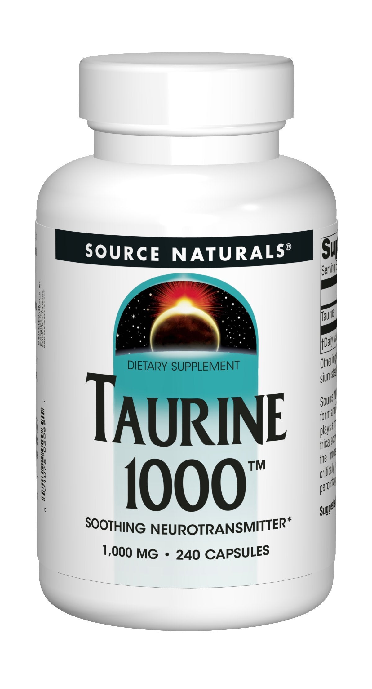 Source Naturals Taurine 1000mg back view with ingredient list