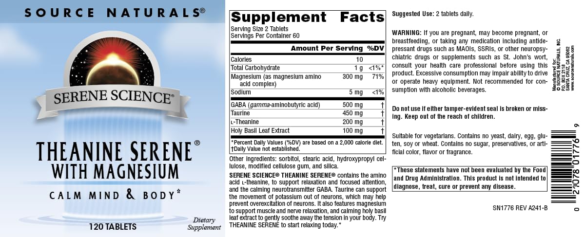 Source Naturals Theanine Serene côté de la boîte