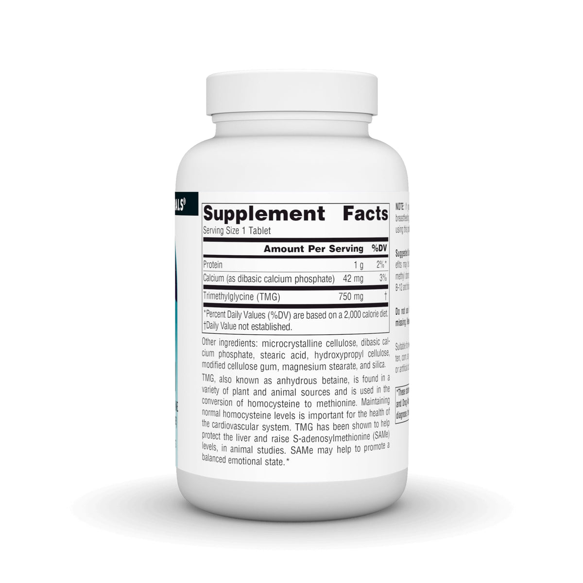 Source Naturals TMG 750 mg comprimés végétariens avec étiquette