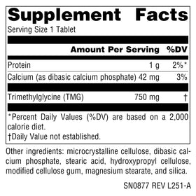 Source Naturals TMG 750 mg comprimés végétariens vue arrière
