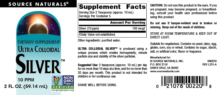 Source Naturals Ultra Argent Colloïdal 10 ppm 60 ml arrière