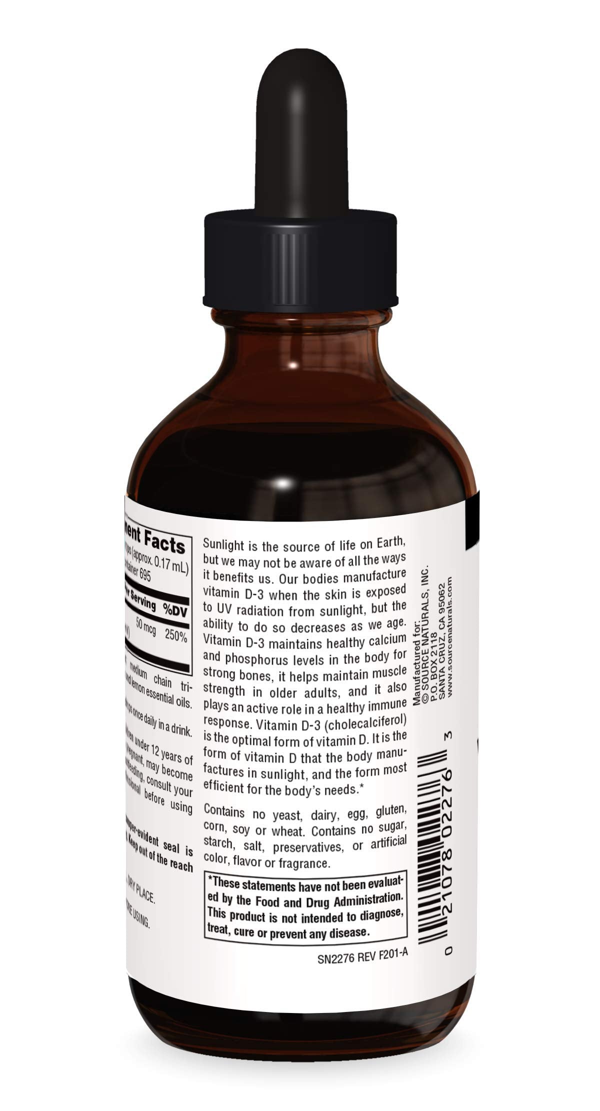 Source Naturals Vitamine D-3 Gouttes Liquides 2000 IU étiquette détaillée