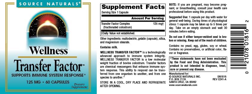 Source Naturals Wellness Transfer Factor 125 mg capsules with water