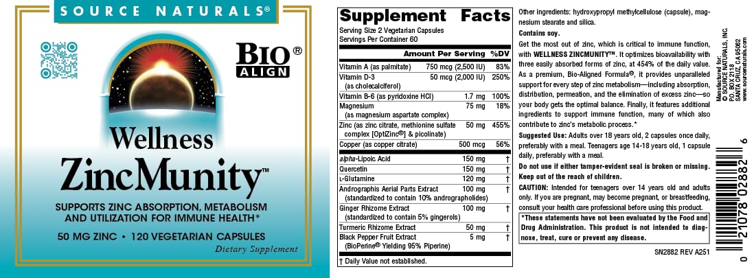 Source Naturals ZincMunity 50 mg Zinc 120 capsules, vue de côté