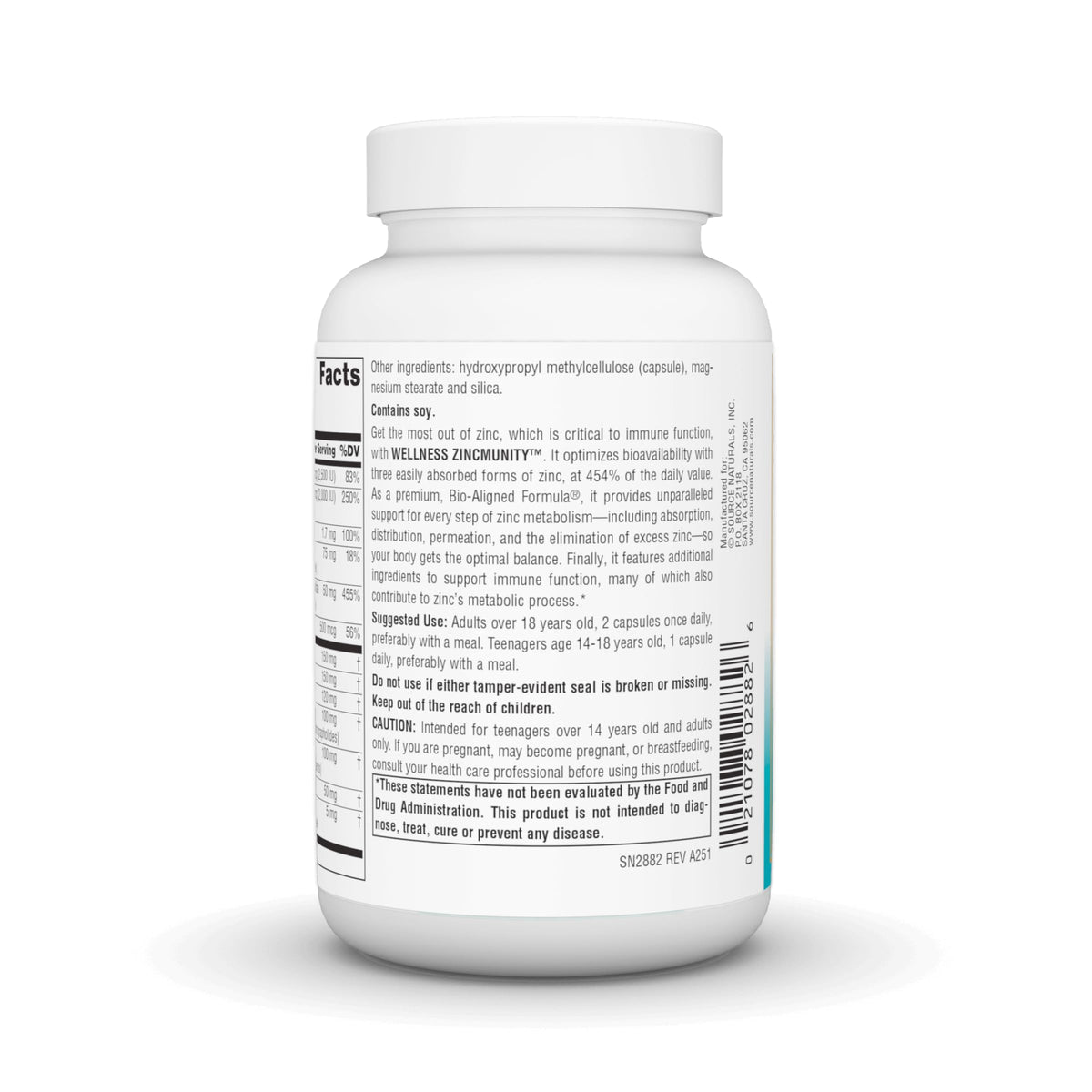 Source Naturals ZincMunity capsules végétariennes sur un fond blanc