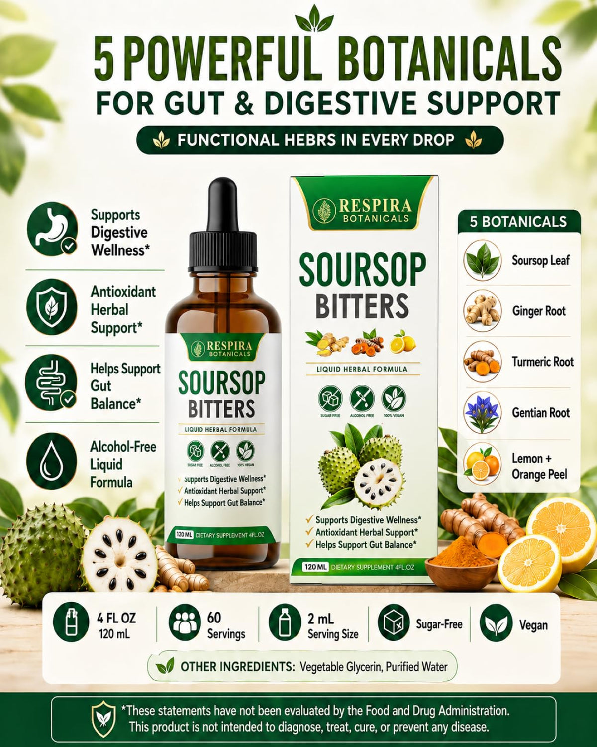 Soursop Bitters de Respira Botanicals avec un verre d'eau
