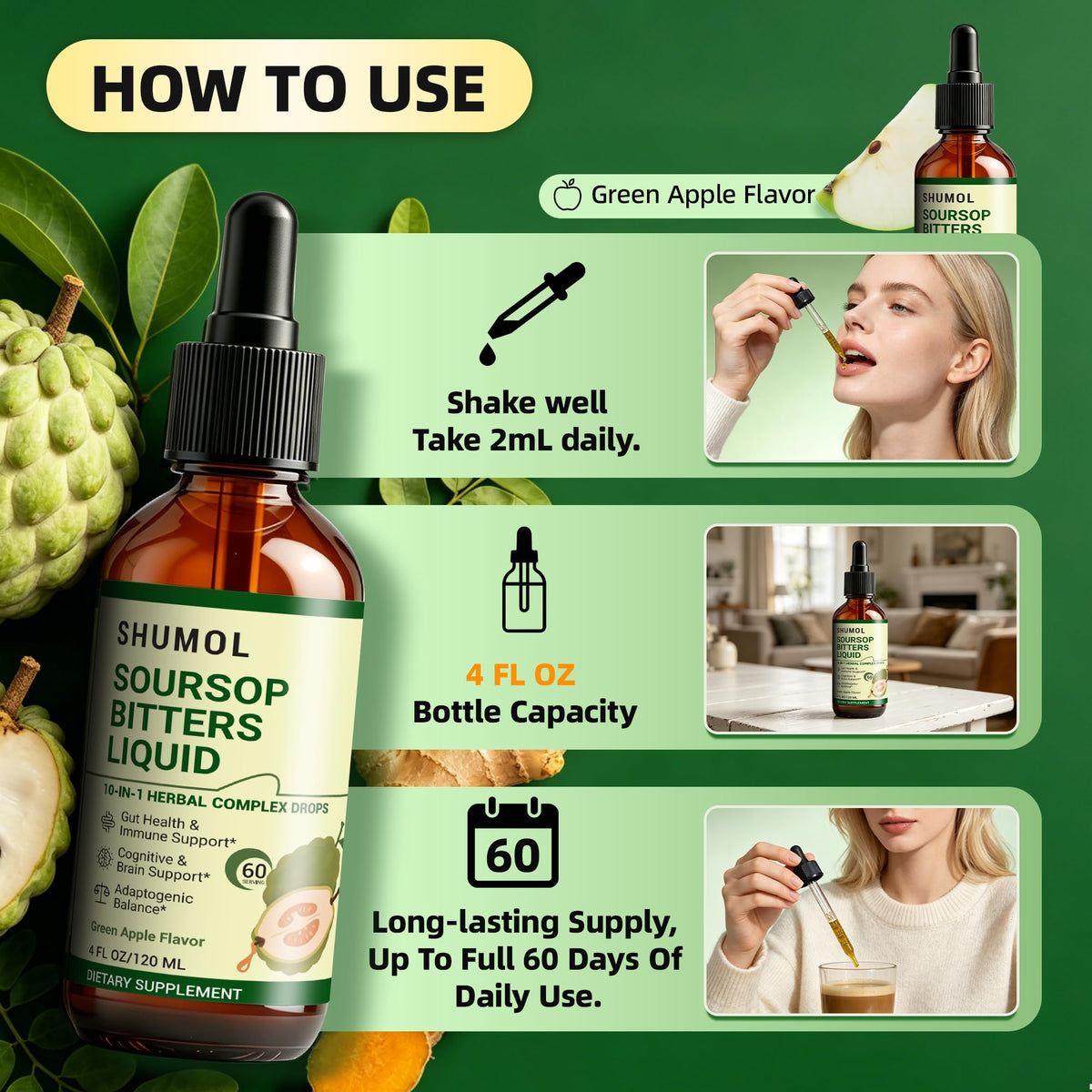 Soursop Bitters de Shumol avec pomme verte en arrière-plan
