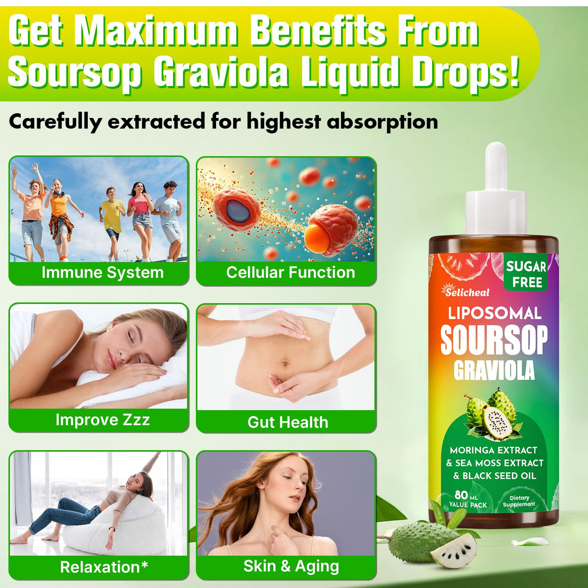 Soursop Bitters Liquide 880MG de Selicheal, flacon ouvert avec gouttes