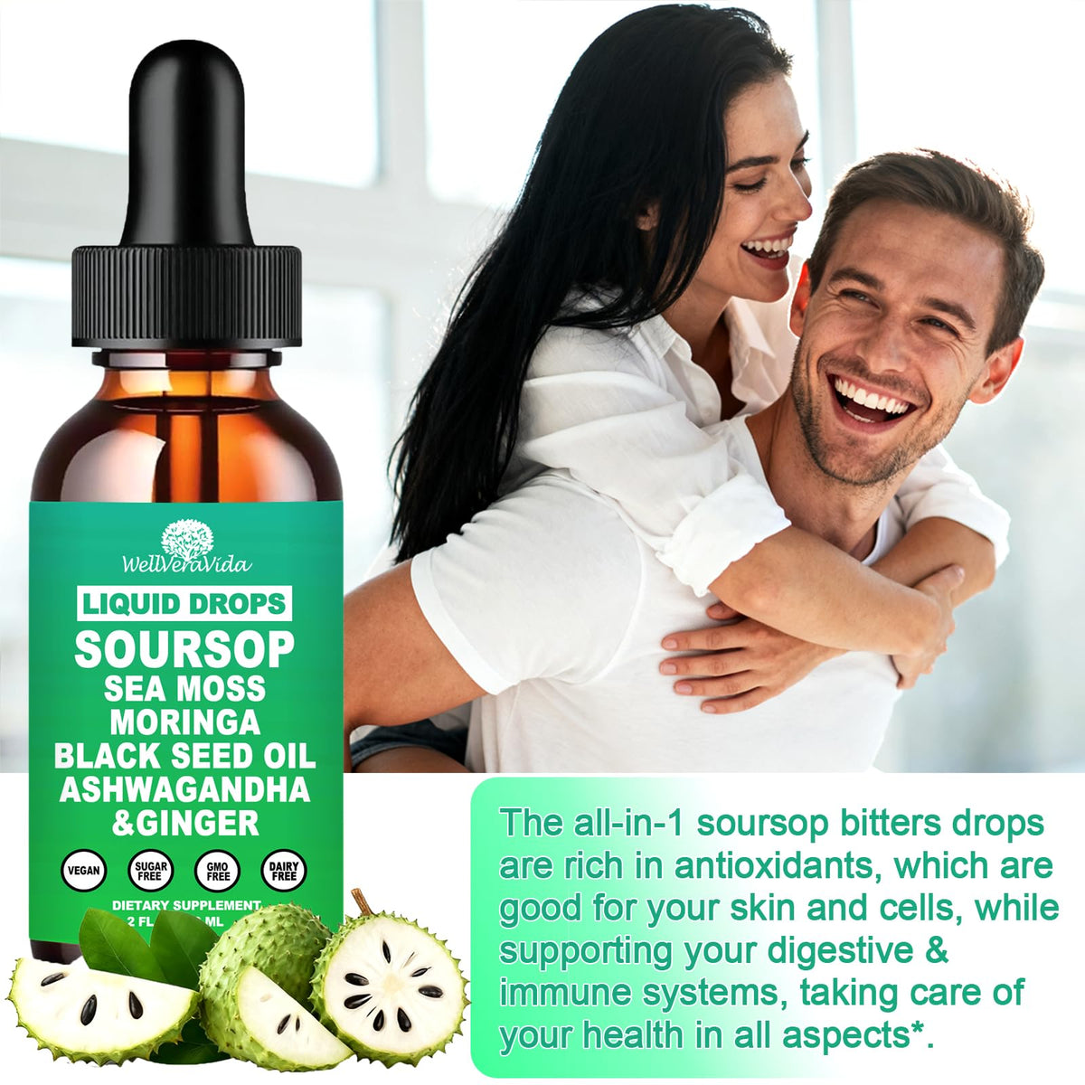 Soursop Bitters Liquide WellVeraVida sur un fond naturel