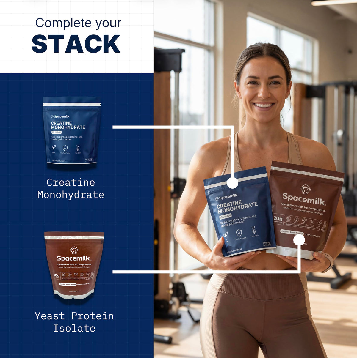 Spacemilk créatine monohydrate, étiquette avec informations nutritionnelles