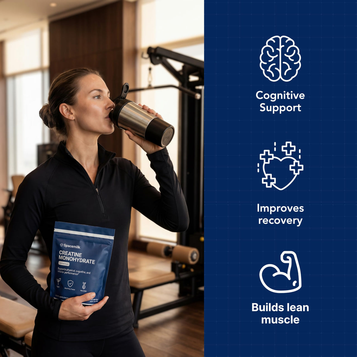 Spacemilk créatine monohydrate sur une table, en environnement de sport
