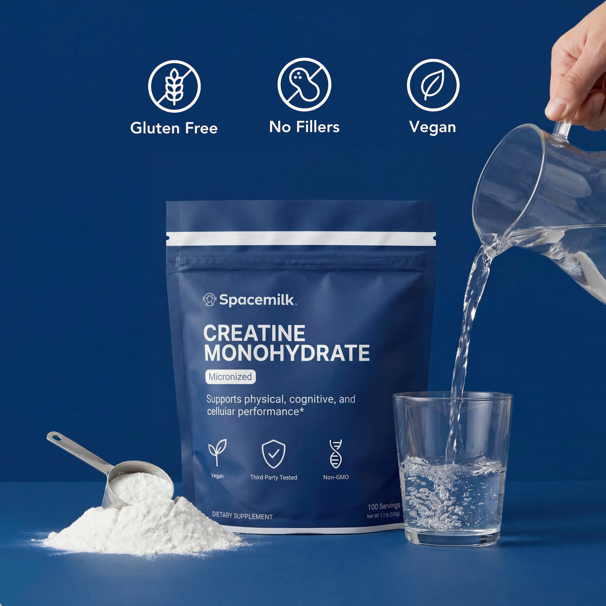Spacemilk créatine monohydrate, vue de dessus avec étiquette