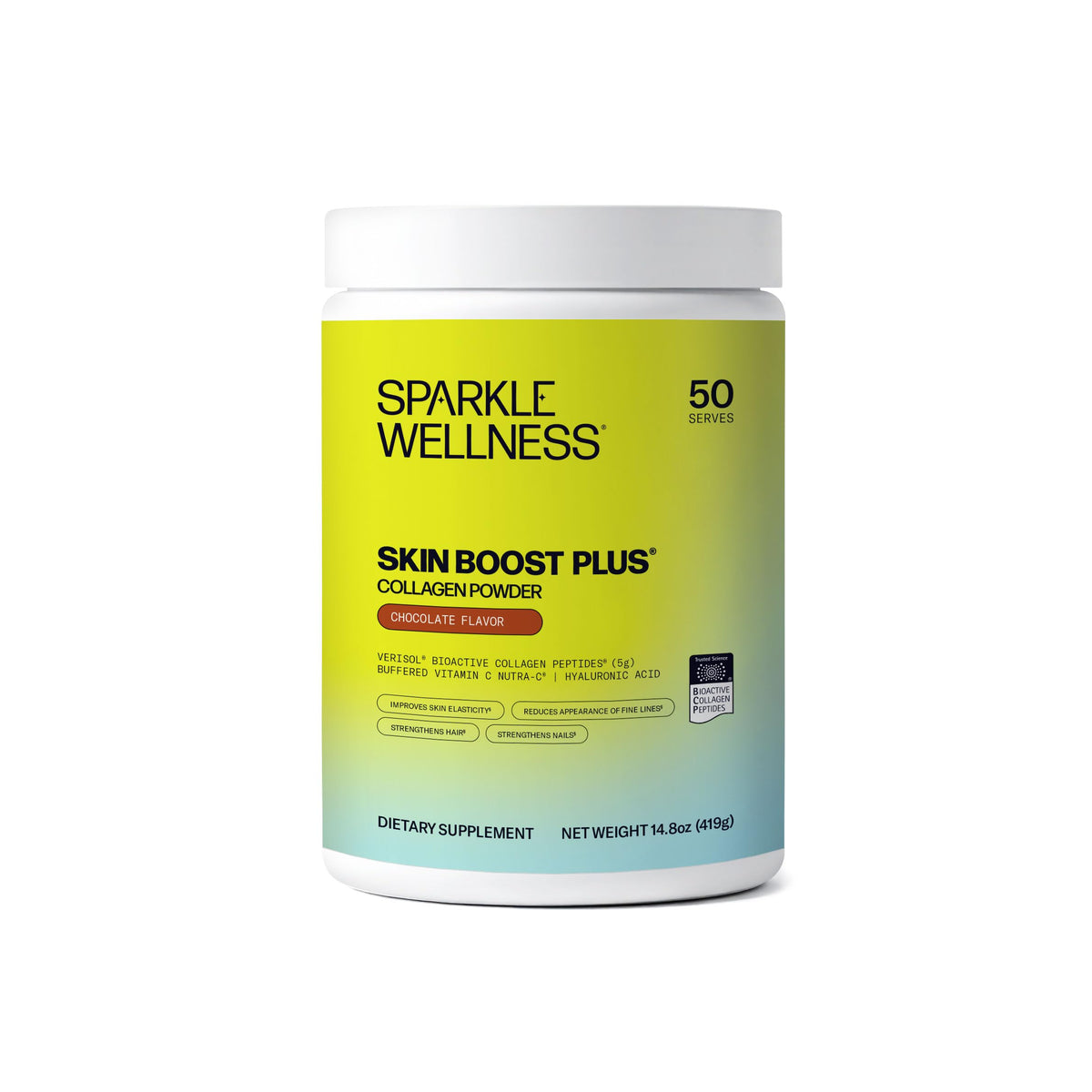 Sparkle Wellness Collagène Chocolat 522g vue avant avec emballage