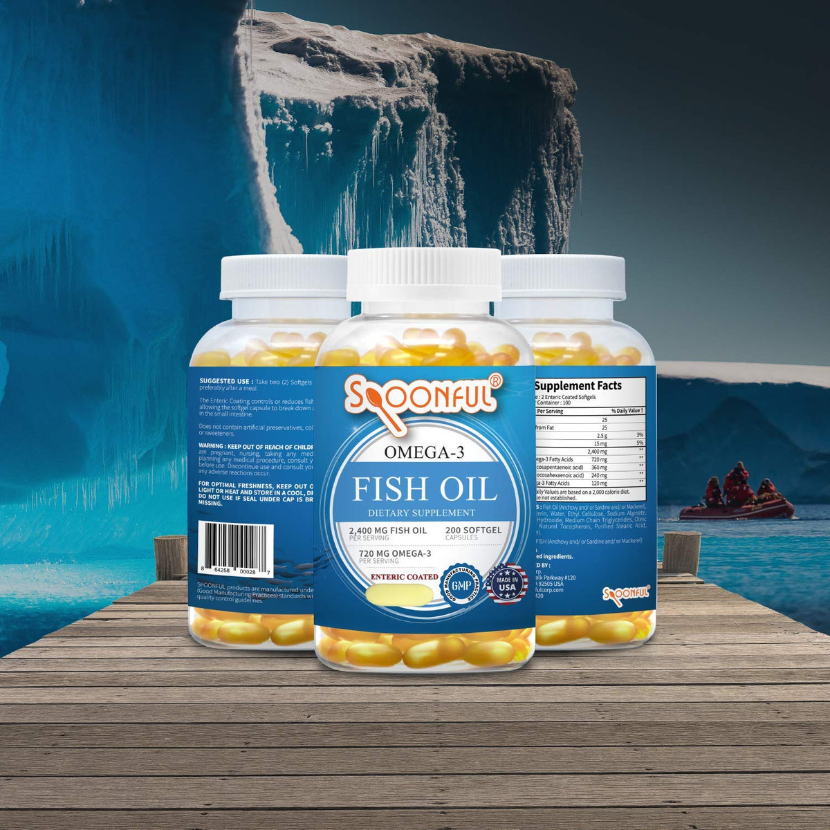 Spoonful Huile de Poisson Omega 3 2400mg capsules en gros plan