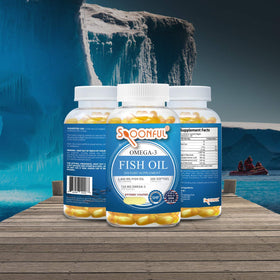 Spoonful Huile de Poisson Omega 3 2400mg capsules en gros plan