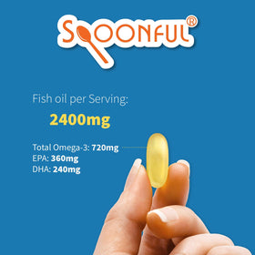 Spoonful Huile de Poisson Omega 3 2400mg capsules sur une table