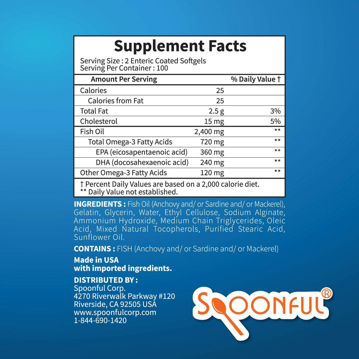 Spoonful Huile de Poisson Omega 3 2400mg étiquette détaillée