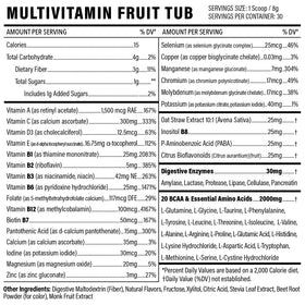 Sport Formula 99 Poudre Multivitaminée 290g sur une table avec des fruits