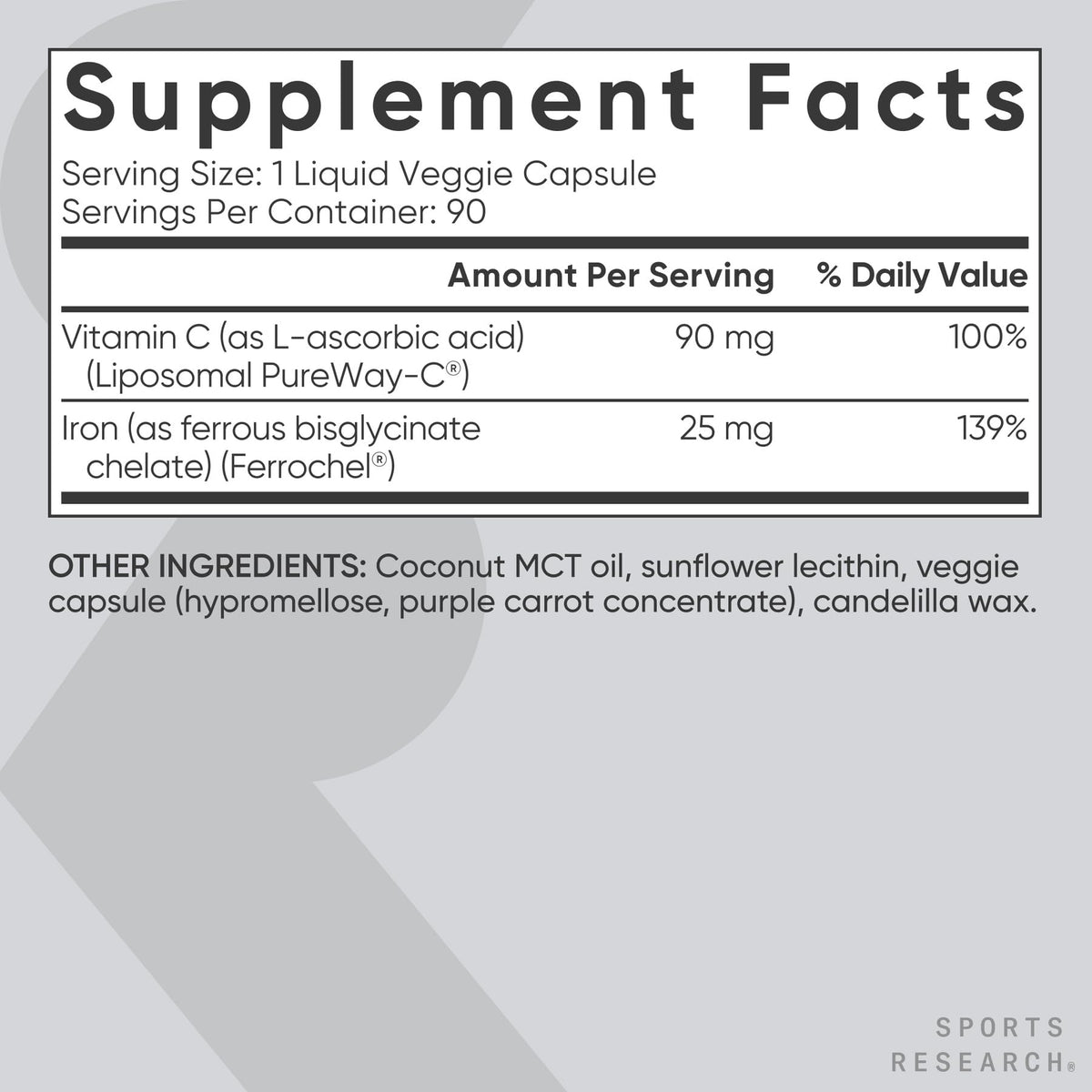 Sports Research Fer 25mg avec Vitamine C sur fond blanc