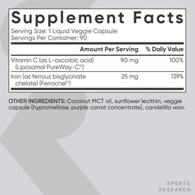 Sports Research Fer 25mg avec Vitamine C sur fond blanc