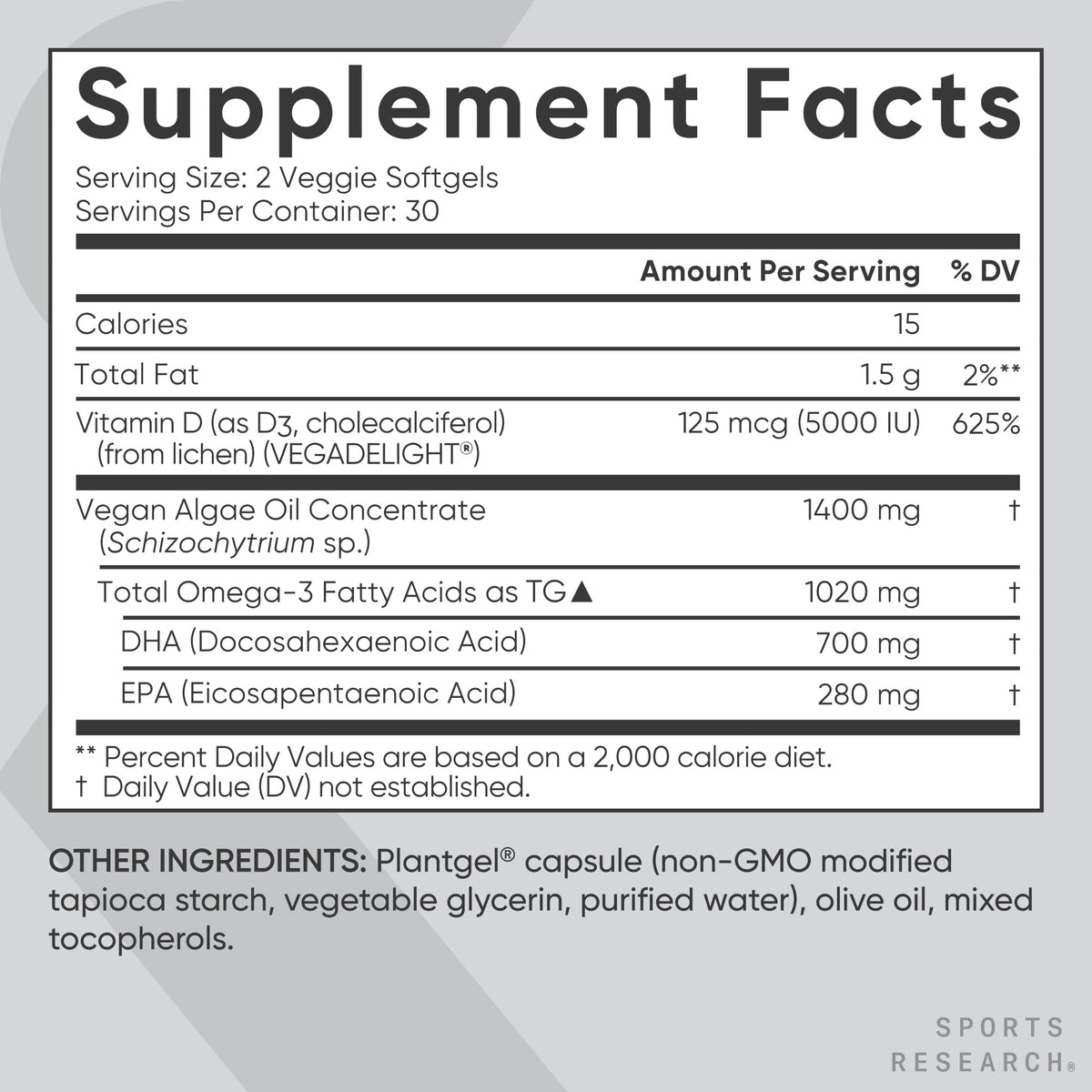 Sports Research Huile d'Algue Végétale Omega-3 1400mg gélules sur une table