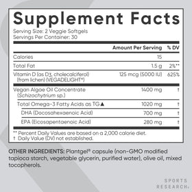 Sports Research Huile d'Algue Végétale Omega-3 1400mg gélules sur une table