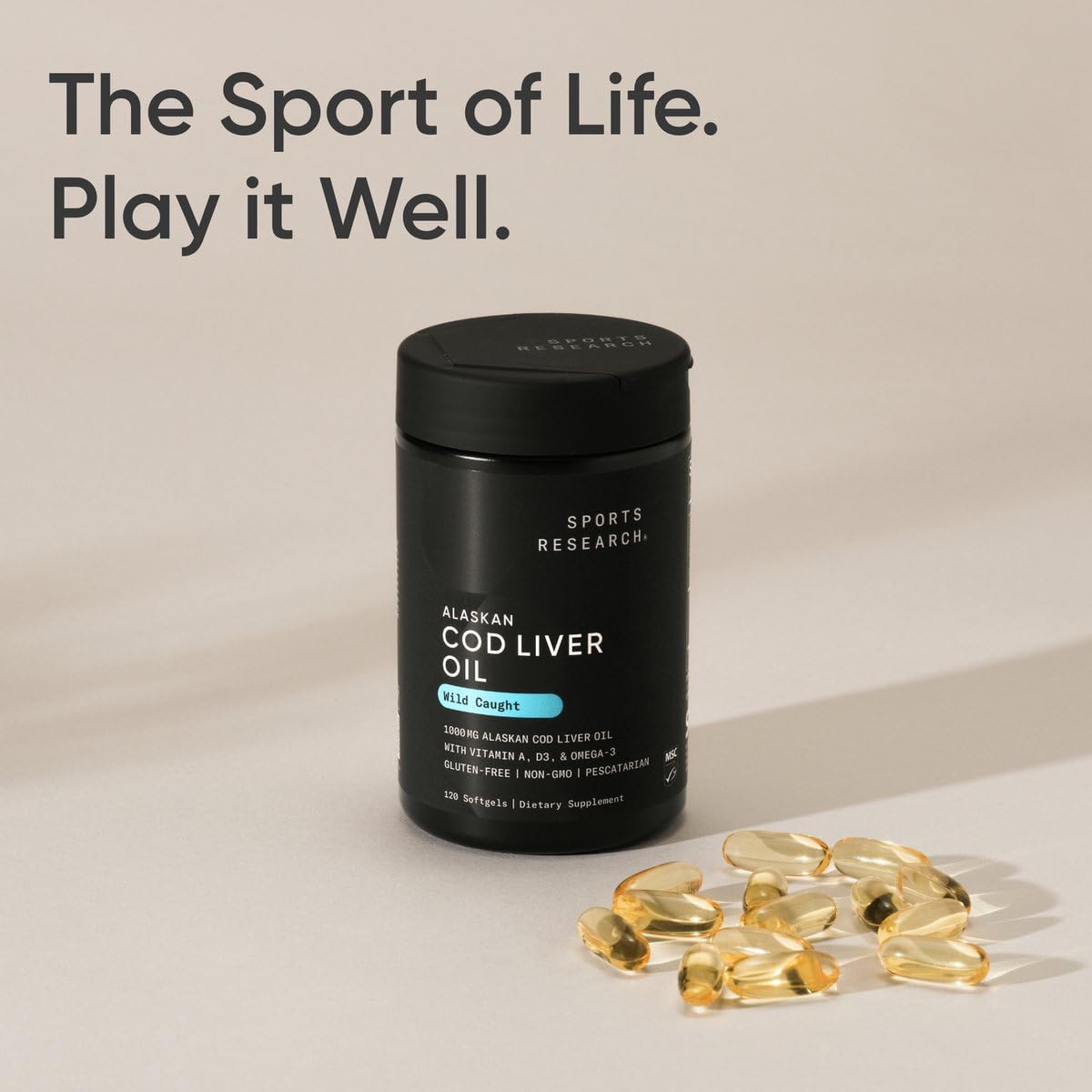 Sports Research Huile de Foie de Morue Alaskienne 1000mg gélules sur un fond blanc