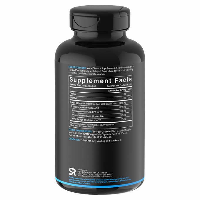 Sports Research huile de poisson Omega 3 1250 mg gélules arrière