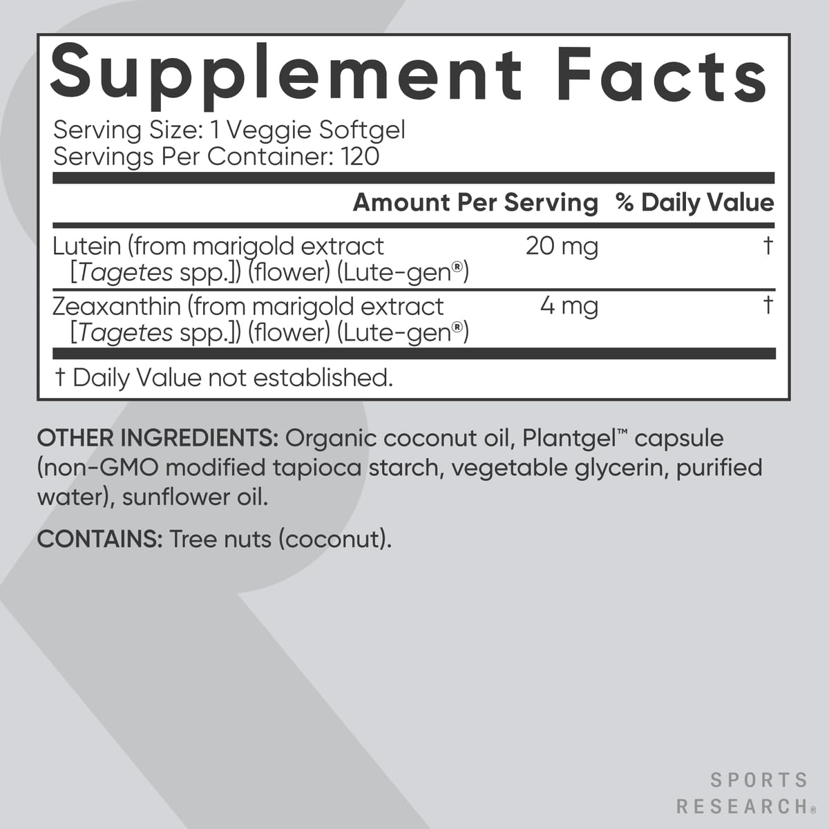 Sports Research Lutein + Zeaxanthin 120 Plantgels affichant la taille des capsules