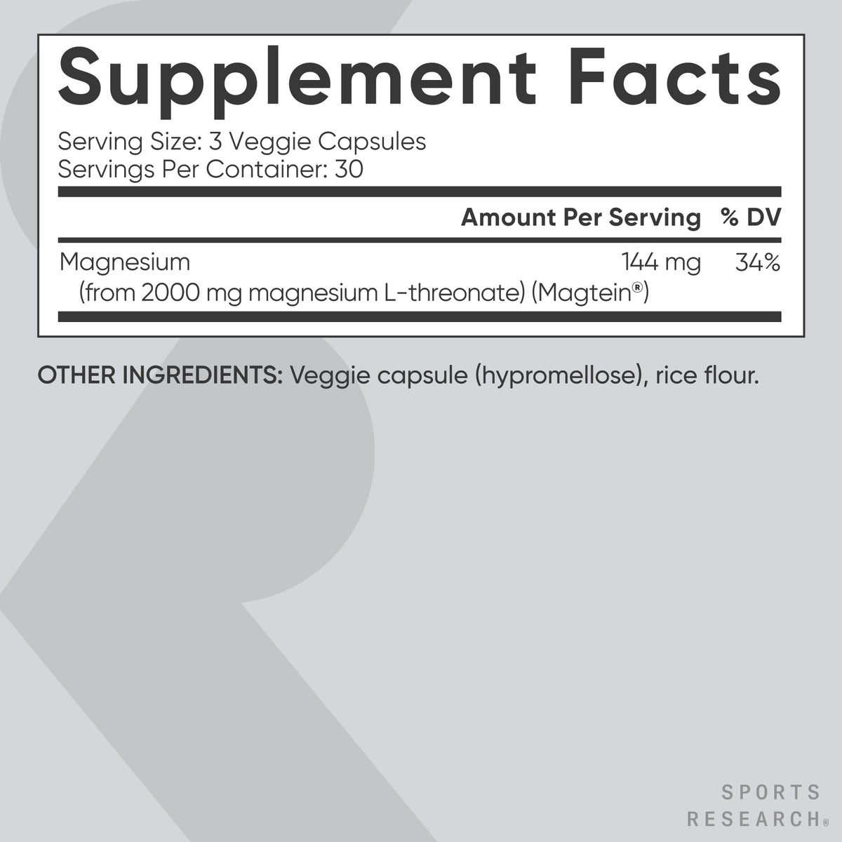 Sports Research Magnésium L-Thréonate 2000mg sur un fond neutre