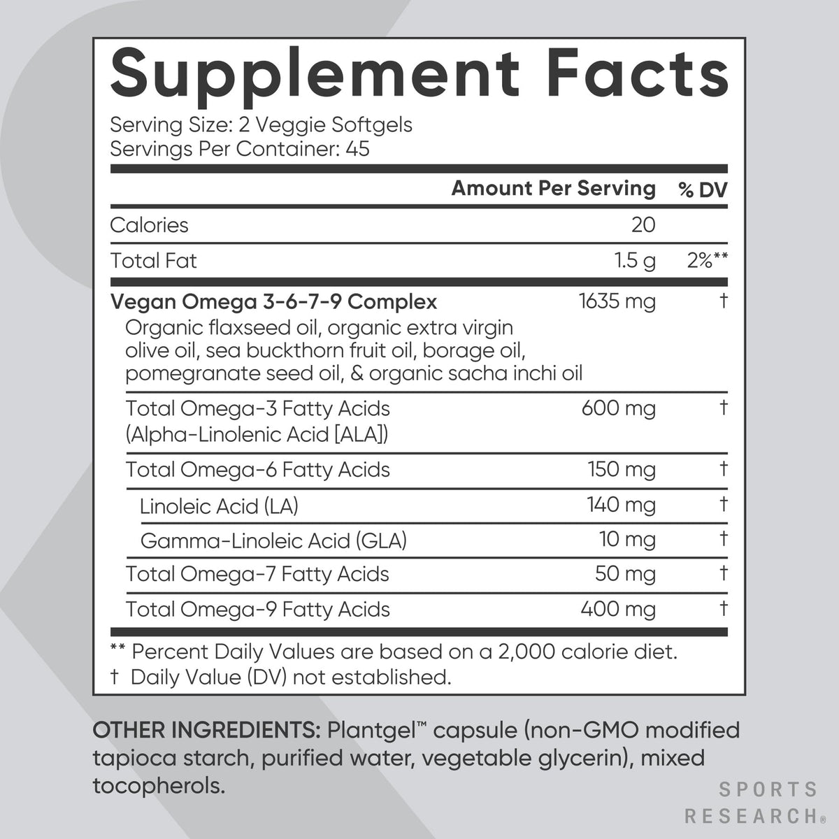 Sports Research Omega 3-6-7-9 Végétal 1635mg packaging sous différents angles