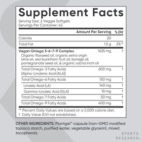 Sports Research Omega 3-6-7-9 Végétal 1635mg packaging sous différents angles
