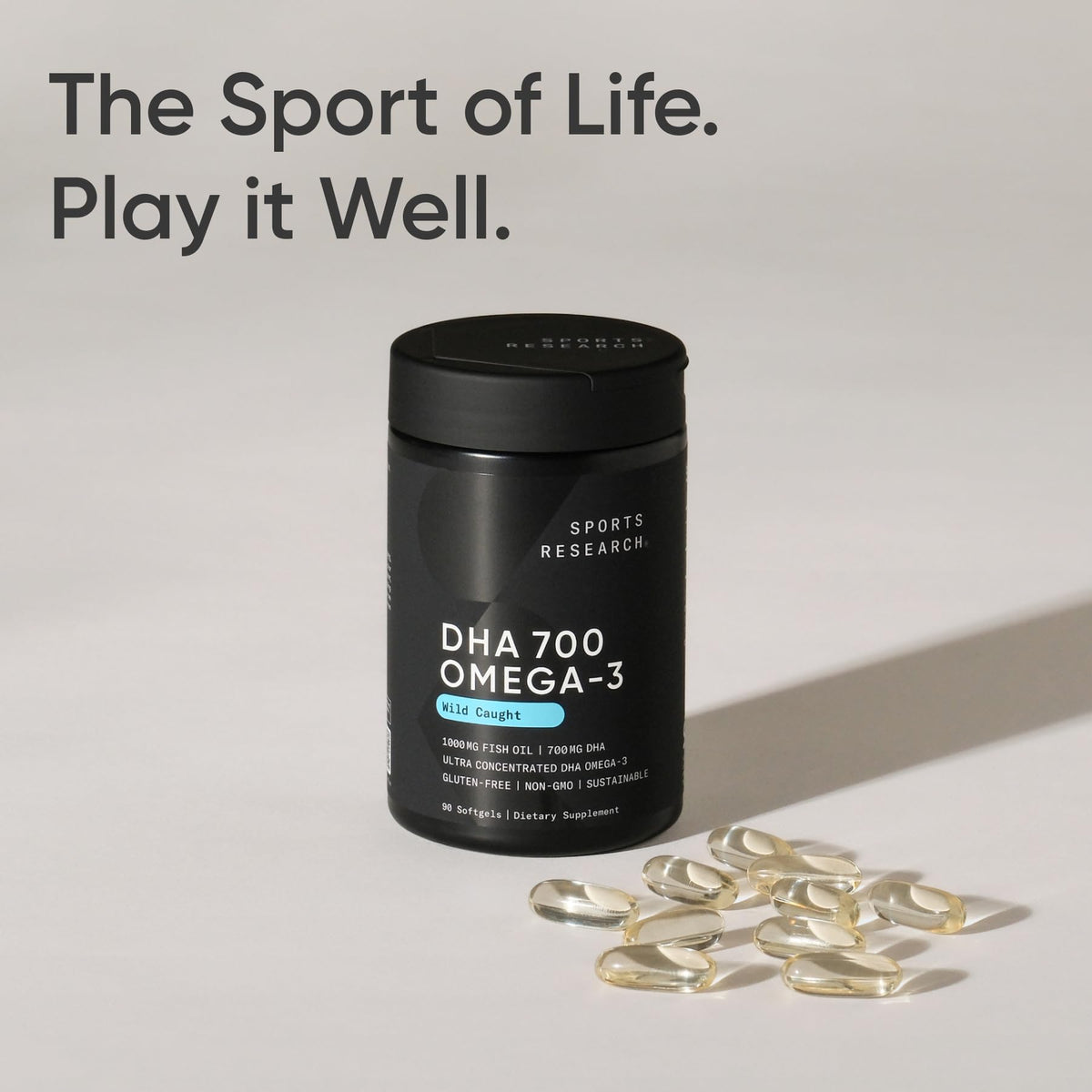 Sports Research Omega-3 DHA 700mg gélules molles sur un fond naturel