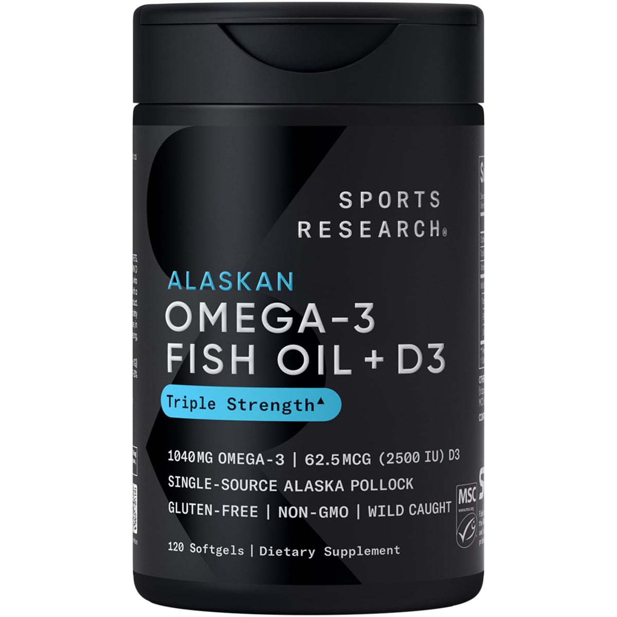 Sports Research Omega-3 Huile de Poisson 1250mg + D3 2500iu, gélules en bouteille