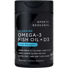 Sports Research Omega-3 Huile de Poisson 1250mg + D3 2500iu, gélules en bouteille