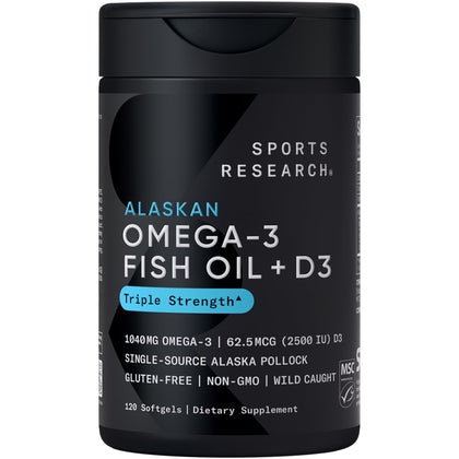 Sports Research Omega-3 Huile de Poisson 1250mg + D3 2500iu, gélules en bouteille