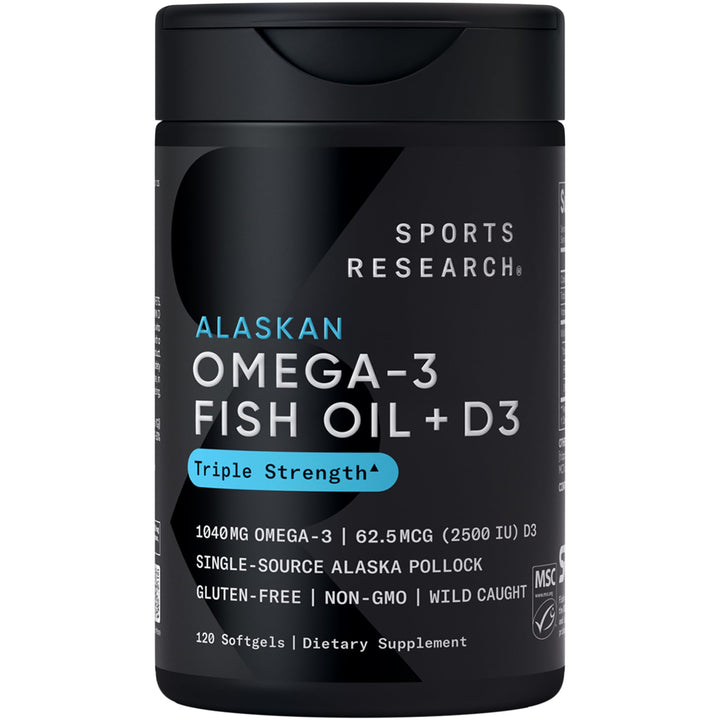 Sports Research Omega-3 Huile de Poisson 1250mg + D3 2500iu, gélules en bouteille